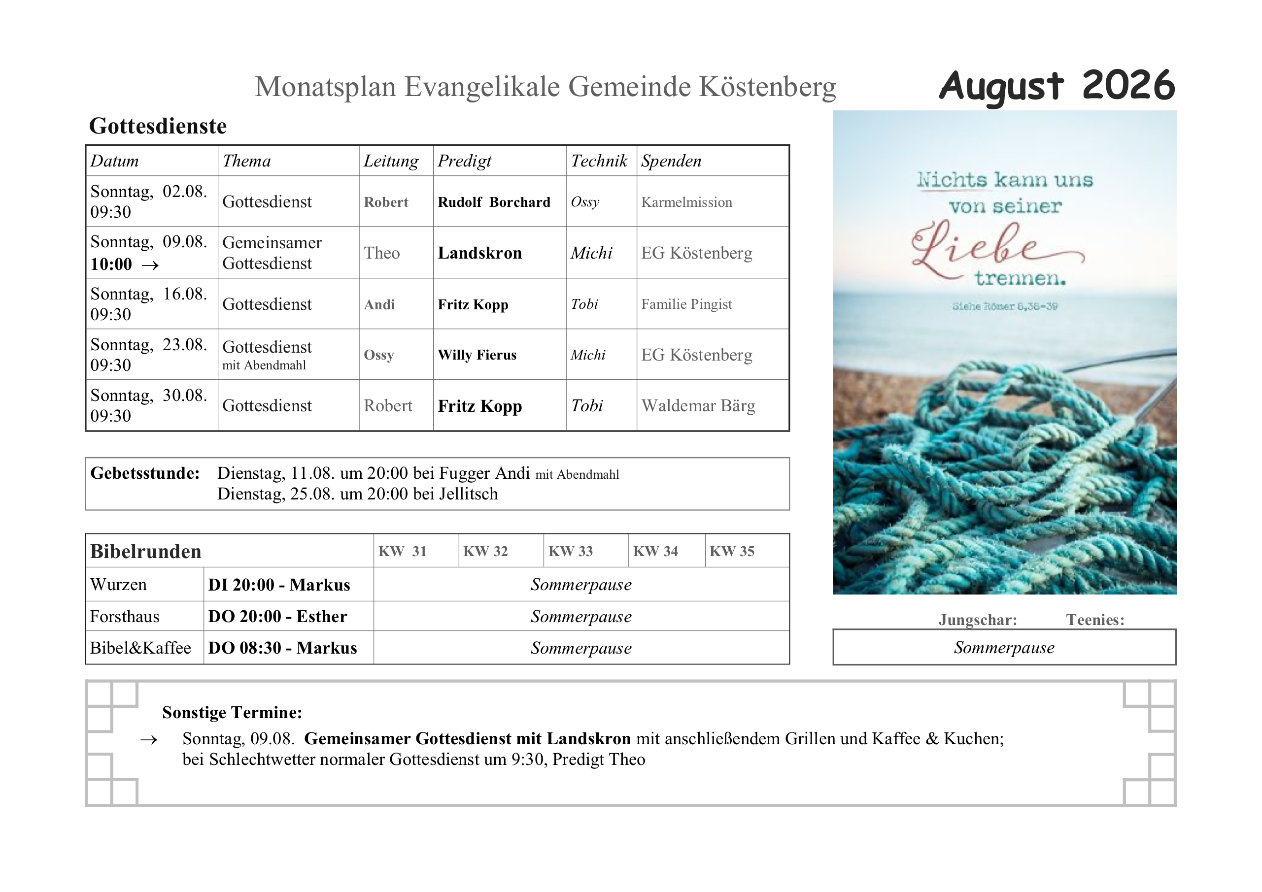 Monatsplan für August 2026;